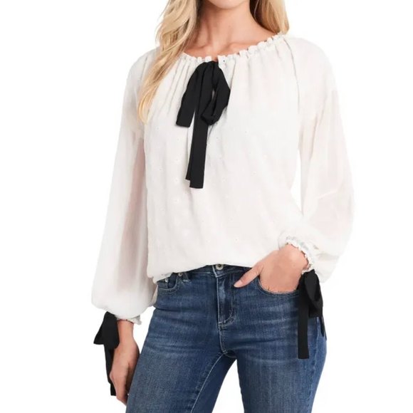 CeCe Tops - SOLD! CeCe Tie Neck & Cuffs Floral Eyelet Top In Soft Ecru size PL White
